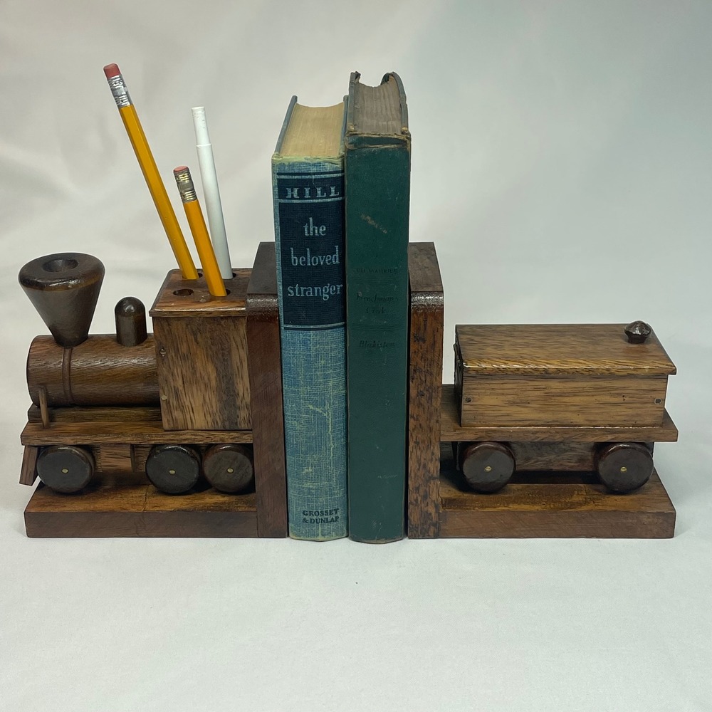 Vintage Wooden Train Bookends Hidden Desk Organizer Pencil Holder Storage Box